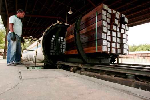 teixeira de freitas, bahia / brazil - february 16, 2019: eucalyptus wood log undergoes treatment in autoclave with application of a chemical solution solution, in Teixeira de Freitas.