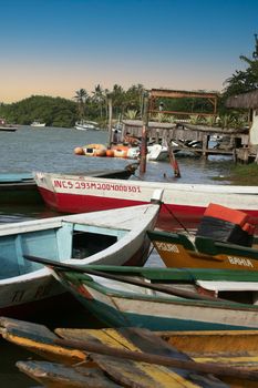 porto seguro, bahia, brazil - december 30, 2009: Canoes used to cross the Caraiva River in the countryside of the city of Porto Seguro.

