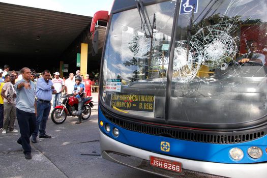 salvador, bahia, brazil - july 3, 2014: Salvador city public transport bus with stoned windshield during drivers' strike.