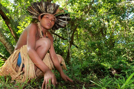 ilheus, bahia, brazil - june 3, 2012: Tupinamba Etinia Indian is seen in an Indian village in the city of Ilheus.