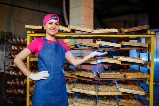 Worker with a box of pasta. The girl works on the production of spaghetti. Making noodles. Pasta factory.