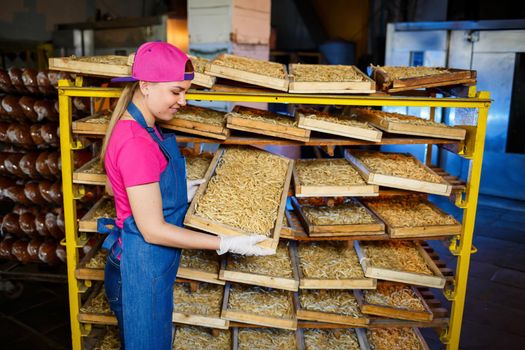 Worker with a box of pasta. The girl works on the production of spaghetti. Making noodles. Pasta factory.