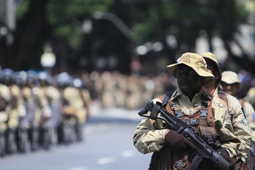 salvador, bahia, brazil - september 7, 2014: members of the Bahia Military Police during a civic-military parade to commemorate Brazil's independence in the city of Salvador.