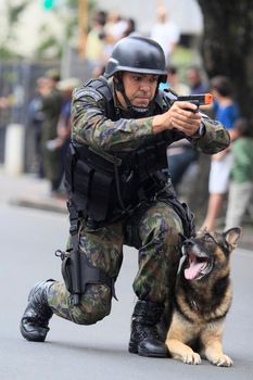 salvador, bahia / brazil - september 7, 2014: dog follows orders from the army soldier during a military parade to commemorate the day of Brazil's independence. The parade takes place in the city of Salvador.
