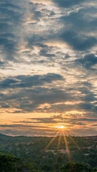 Atmosphere panorama Dramatic Sky Sunset Sunrise Dark orange rosy yellow blue pink cloud background.