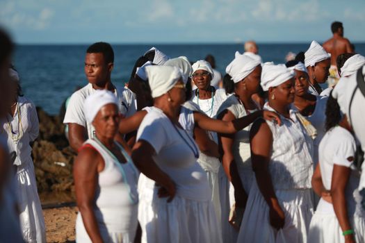 salvador, bahia, brazil - february 2, 2015: Candomble devotees and supporters of the African matriaz religion pay tribute to the orixa Yemanja in the city of Salvador.