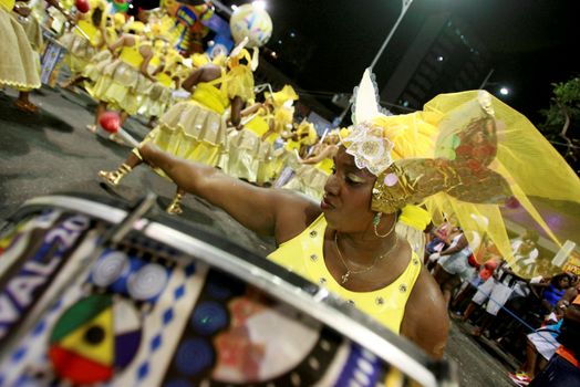salvador, bahia, brazil - february 14, 2015: percussionists from the band Dida are seen during a carnival performance in the city of Salvador.