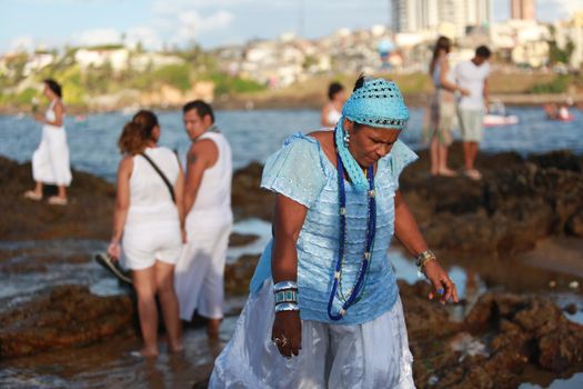 salvador, bahia, brazil - february 2, 2015: Candomble devotees and supporters of the African matriaz religion pay tribute to the orixa Yemanja in the city of Salvador.