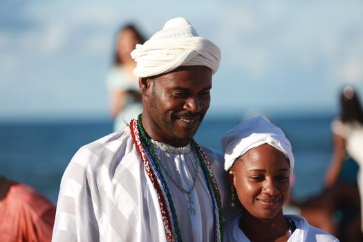 salvador, bahia, brazil - february 2, 2015: Candomble devotees and supporters of the African matriaz religion pay tribute to the orixa Yemanja in the city of Salvador.