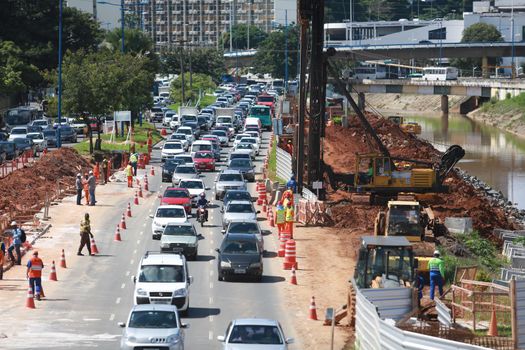 salvador, bahia, brazil - may 6, 2015: Congested traffic on avenue Antonio Carlos Magalhaes in Salvador, due to subway expansion works.