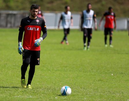 salvador, bahia / brazil - may 5, 2015: Fernando Miguel Kaufmann, goalkeeper of Esporte Clube Vitoria is seen during team training in the city of Salvador.