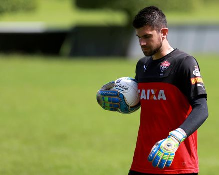 salvador, bahia / brazil - may 5, 2015: Fernando Miguel Kaufmann, goalkeeper of Esporte Clube Vitoria is seen during team training in the city of Salvador.