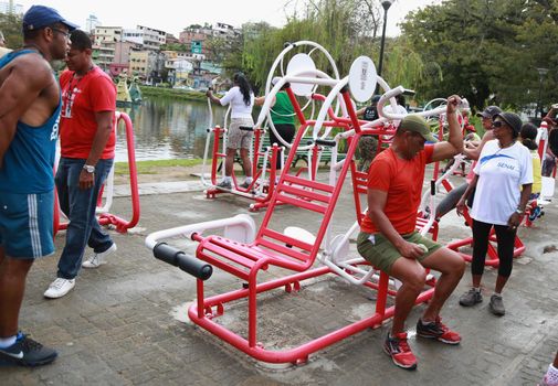 salvador, bahia, brazil - september 1, 2015: people practicing physical activity in an outdoor gym at Dique de Itororo in the city of Salvador.