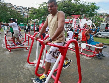 salvador, bahia, brazil - september 1, 2015: people practicing physical activity in an outdoor gym at Dique de Itororo in the city of Salvador.