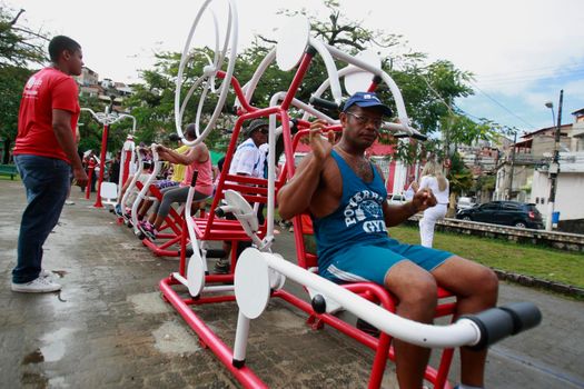 salvador, bahia, brazil - september 1, 2015: people practicing physical activity in an outdoor gym at Dique de Itororo in the city of Salvador.