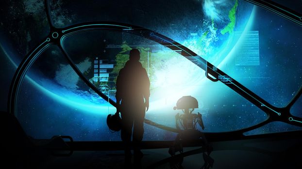 Silhouettes of an astronaut and a droid at the porthole of a spaceship in orbit of the earth, and virtual data in front of them.