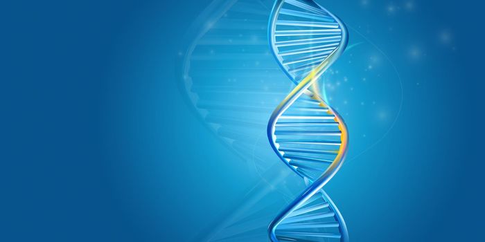 Vertical model of a double-stranded DNA helix on a blue background.