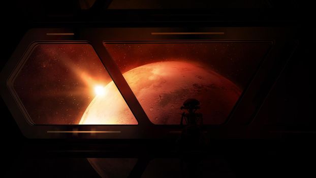 The red planet is visible from the porthole of a spaceship flying to Mars.