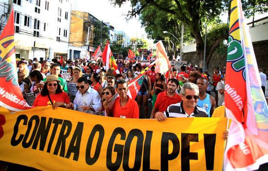 salvador, bahia, brazil - dec. 16, 2015: members of the trade union centrals, political parties and social movements mobilize in favor of president Dilma Rousseff and asking Eduardo Cunha to leave the presidency of the Chamber of Deputies.


