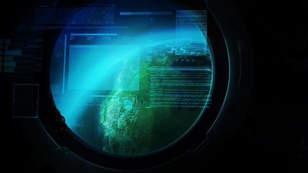View of a globe from a spaceship porthole and a virtual projection of data.