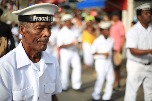 salvador, bahia / brazil - january 24, 2016: members of the cultural group Cheganaa dos Marujos Brazilian Frigate, are seen during a performance at the Tororo Dike in Salvador.
