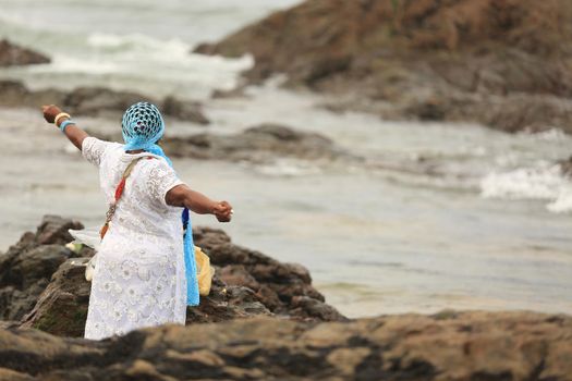 salvador, bahia, brazil - fevereiro 2, 2016: Candomble members and religion lovers participate in a party in honor of Orixa Yemanja on a beach in the city of Salvador.