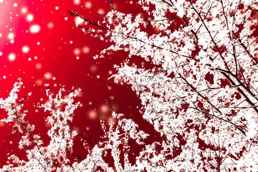 Branding, magic and festive concept - Christmas, New Years red floral background, holiday card design, flower tree and snow glitter as winter season sale promotion backdrop for luxury beauty brand