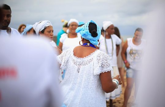 salvador, bahia, brazil - fevereiro 2, 2016: Candomble members and religion lovers participate in a party in honor of Orixa Yemanja on a beach in the city of Salvador.