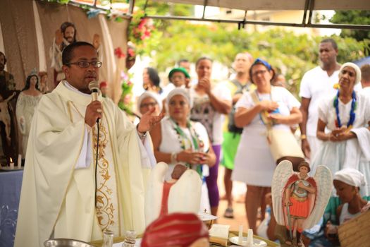 salvador, bahia, brazil - fevereiro 2, 2016: Candomble members and religion lovers participate in a party in honor of Orixa Yemanja on a beach in the city of Salvador.