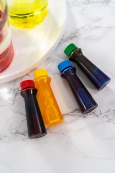 Coloring hard-boiled white eggs with natural food coloring.