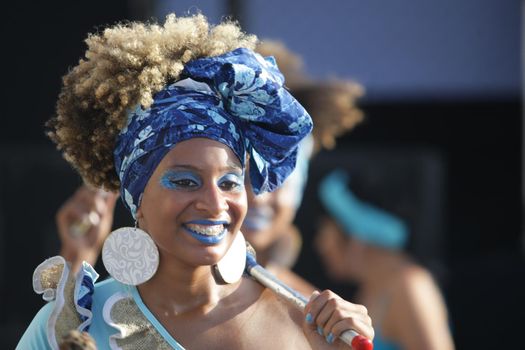 salvador, bahia / brazil - february 2, 2017: Dida Band members, percussionists are formed by women, seen during performance in the city of Salvador.