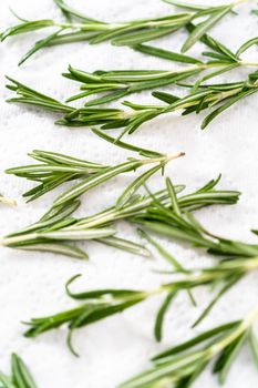Covering fresh cranberries and rosemary in sugar to decorate chocolate bundt cake with chocolate frosting.