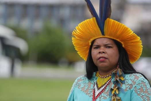 salvador, bahia / brazil - may 29, 2017: indigenous woman from Pataxo ethnicity is seen during a camp at the Bahia Administrative Center in Salvador to discuss the political situation and demand land demarcation.