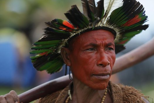 salvador, bahia / brazil - May 7, 2019: Indigenous of Bahia tribe are seen during to debate political conjuncture and demand demarcation of indigenous lands. 