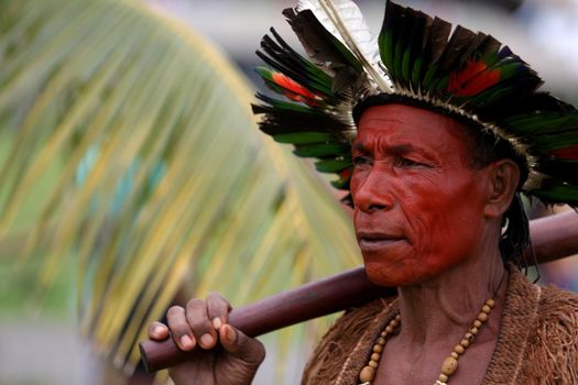 salvador, bahia / brazil - May 7, 2019: Indigenous of Bahia tribe are seen during to debate political conjuncture and demand demarcation of indigenous lands. 