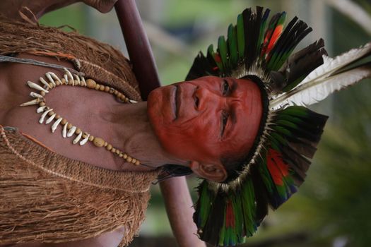 salvador, bahia / brazil - may 29, 2017: indigenous woman from Pataxo ethnicity is seen during a camp at the Bahia Administrative Center in Salvador to discuss the political situation and demand land demarcation.