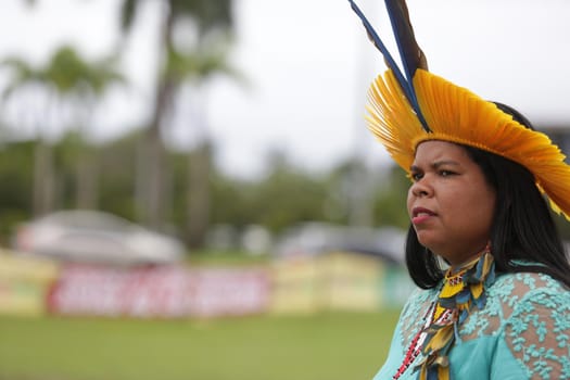 salvador, bahia / brazil - May 7, 2019: Indigenous of Bahia tribe are seen during to debate political conjuncture and demand demarcation of indigenous lands. 