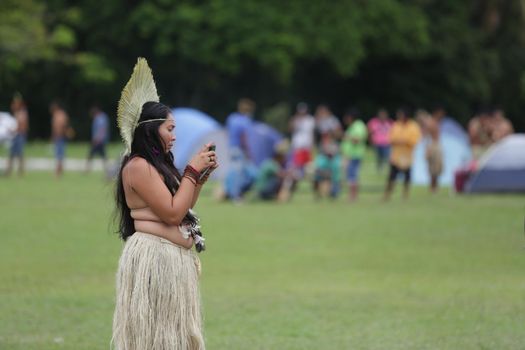 salvador, bahia / brazil - may 29, 2017: Indians from various Bahia tribes and ethnic groups camp in Salvador (BA) to discuss the political conjuncture and demand land demarcation.