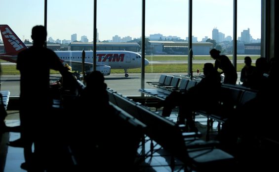 sao paulo, sao paulo, brazil - february 11, 2017: Airbus aircraft of Tam Linhas Aareas is seen in the apron of Congonhas Airport in the city of Sao Paulo.