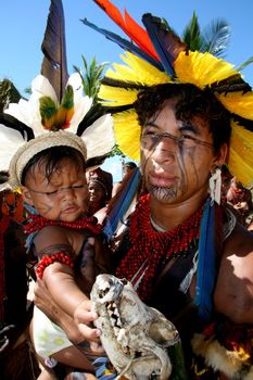 santa cruz cabralia, bahia / brazil - april 19, 2009: Pataxo Indians are seen during disputes at indigenous games in the Coroa Vermelha village in the city of Santa Cruz Cabralia.