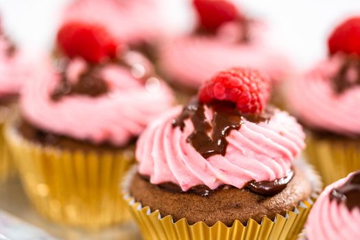 Gourmet chocolate raspberry cupcakes drizzled with chocolate ganache and topped with a fresh raspberry.