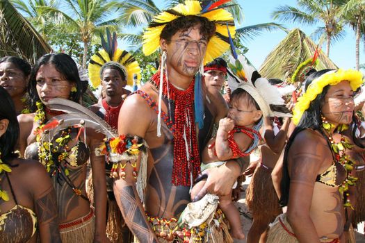 santa cruz cabralia, bahia, brazil - april 17, 2008: Indigenous people from Etina Pataxo are seen during indigenous games from the Coroa Vermelha village in the city of Santa Cruz Cabralia.