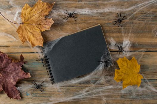 open notebook with blank black pages, spider web and black spiders on a wooden background, top view