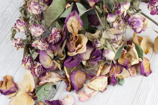 bouquet dried roses on wood background with copy space