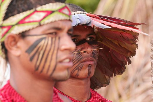 santa cruz cabralia, bahia, brazil - april 20, 2010: Indigenous people from the Pataxo ethnic group are seen during the Indigenous Games of the Coroa Vermelha village.
