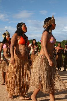 santa cruz cabralia, bahia, brazil - april 17, 2008: Indigenous people from Etina Pataxo are seen during indigenous games from the Coroa Vermelha village in the city of Santa Cruz Cabralia.