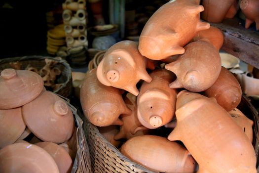 salvador, bahia, brazil - june 28, 2021: pieces made of clay in pottery are seen for sale at the Sao Joaquim fair in the city of Salvador.
