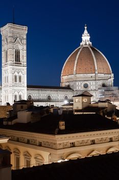 Florence Duomo and Campanile - Bell Tower - architecture illuminated by night, Italy. Urban scene in exterior - nobody