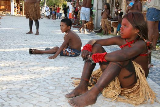 santa cruz cabralia, bahia, brazil - april 17, 2008: Indigenous people from Etina Pataxo are seen during indigenous games from the Coroa Vermelha village in the city of Santa Cruz Cabralia.