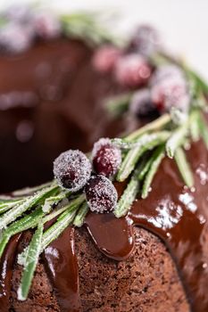 Chocolate bundt cake with chocolate frosting decorated with fresh cranberries and rosemary covered in a white sugar.